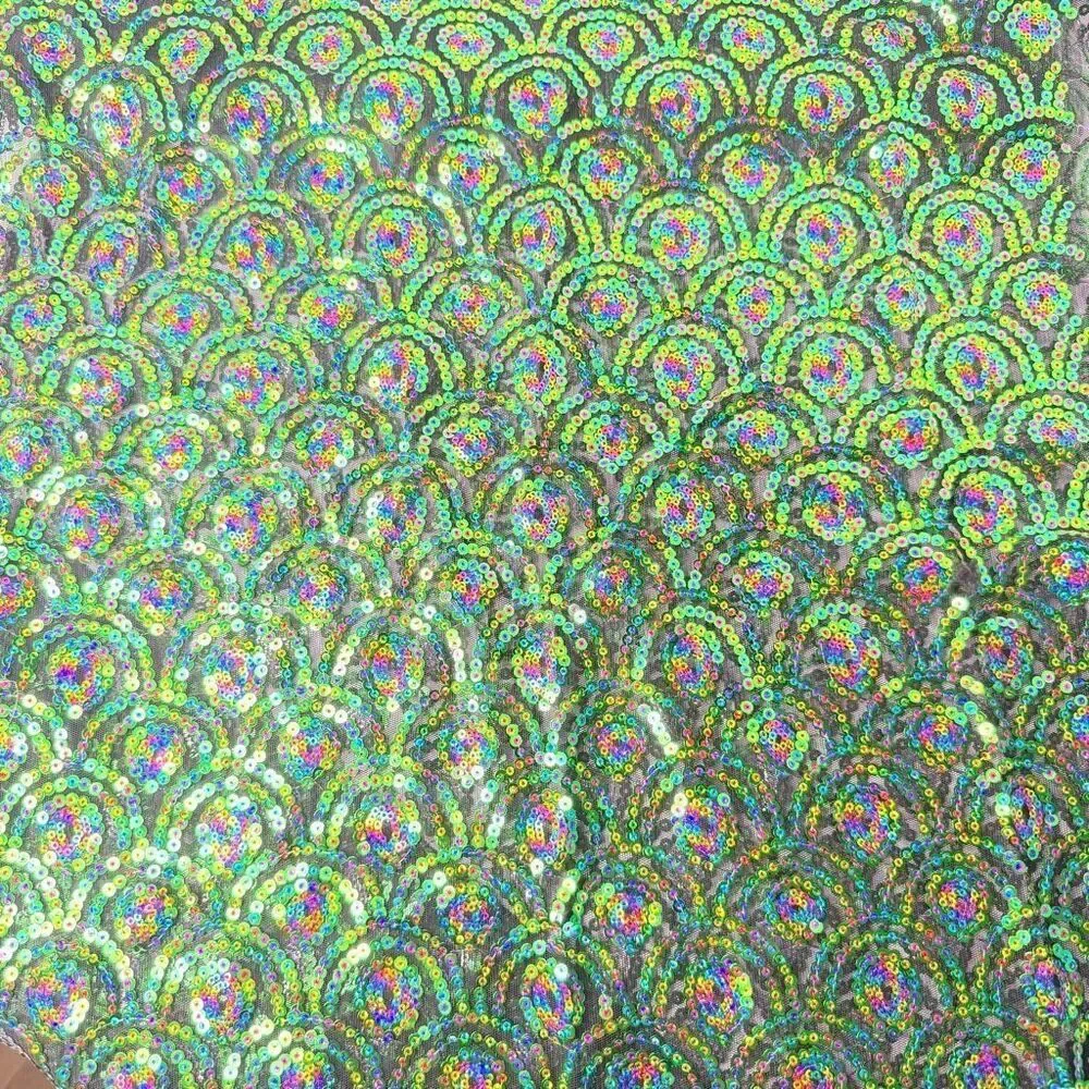 Iridescent Sequin Fabric Green Rainbow Mermaid Scale Pattern 30” x 17” Mesh Back